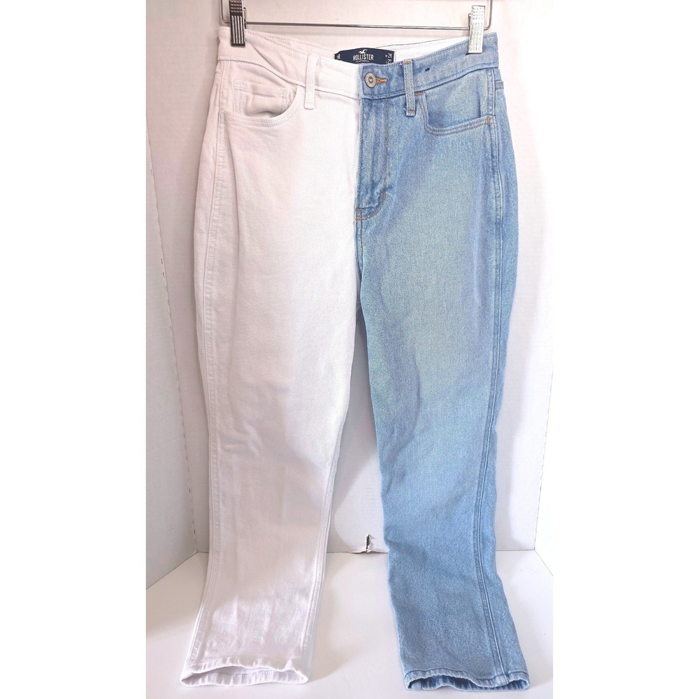 Hollister Ultra High-Rise Mom Jeans Two Tone Split White Blue 3R W26 L27 Stretch